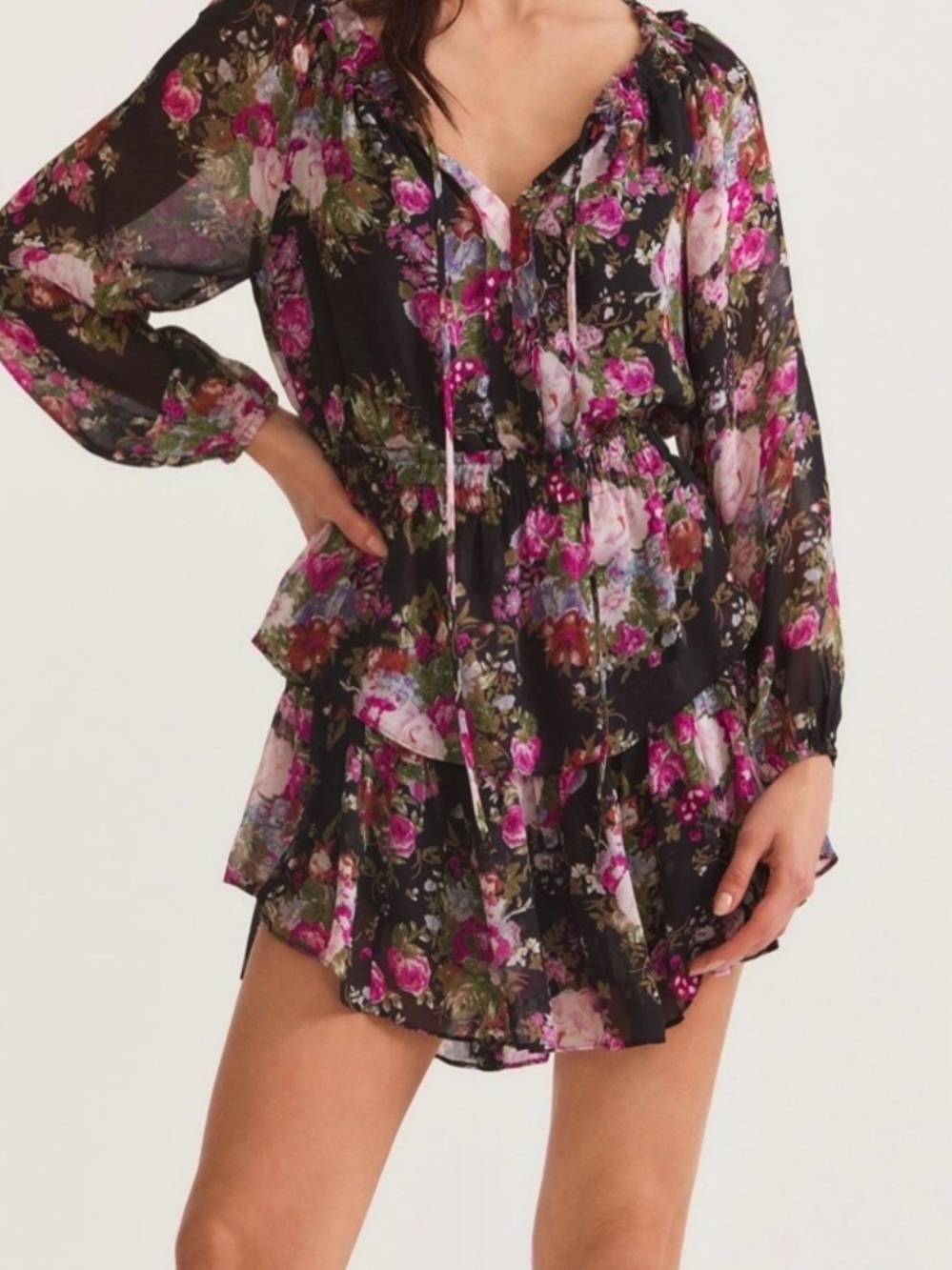 LoveShackFancy Midnight Muse Floral Popover Mini Dress XS Ruffle Tiered Feminine